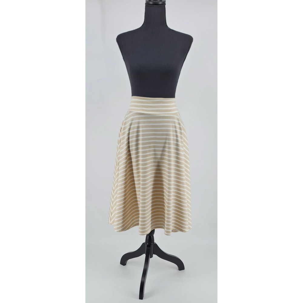 Agnes & Dora Tan White Striped Midi Skirt A-Line Stretch Jersey Knit Pockets SM